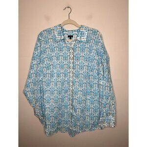 Talbots Plus Blue White Long Sleeve Geometric Button Down Shirt Cotton Size 2X
